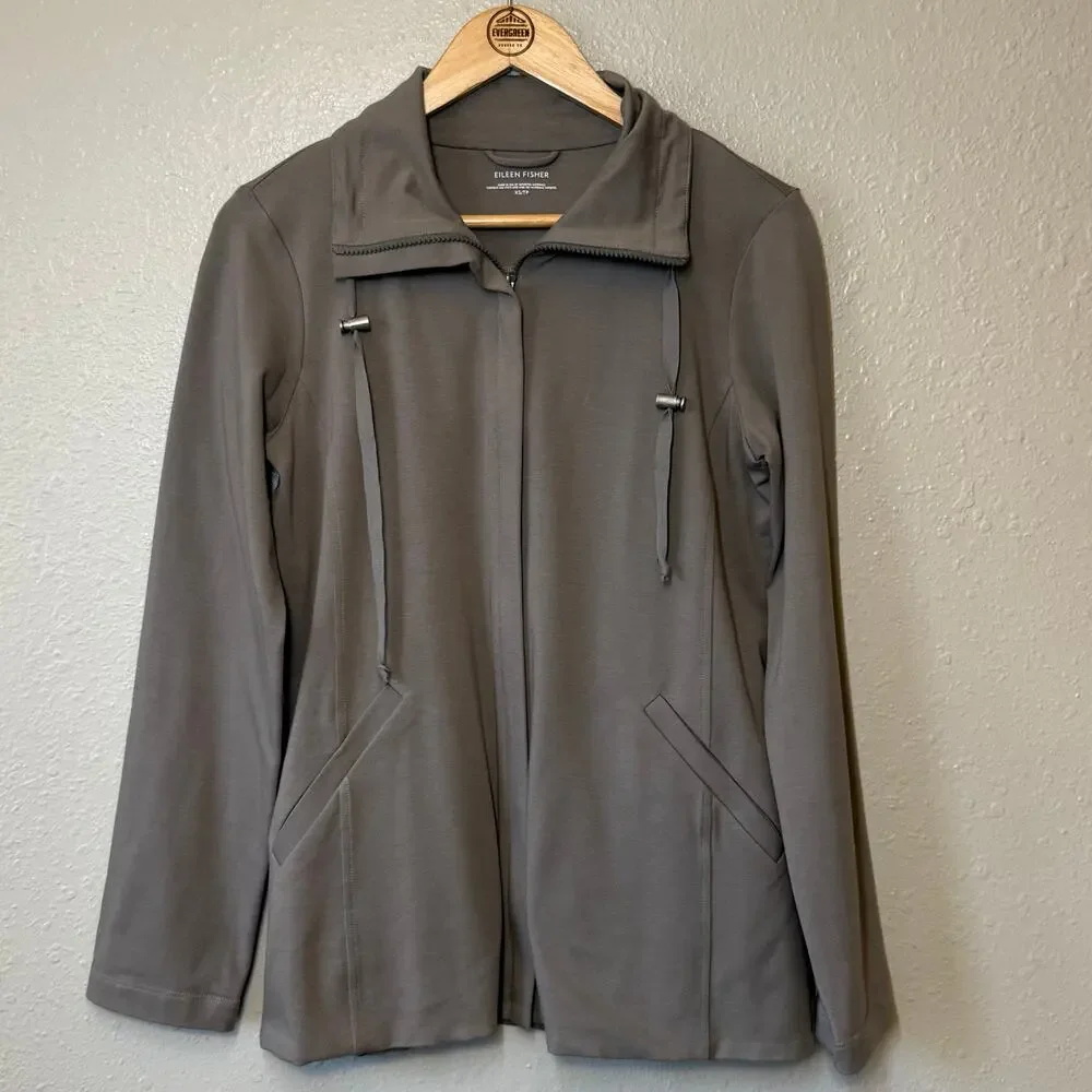 Eileen Fisher Sweatshirt Organic Cotton Jersey High Collar Zip Jacket Taupe XS